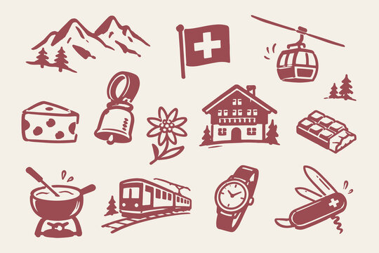Switzerland Doodle Vector Set Illustration