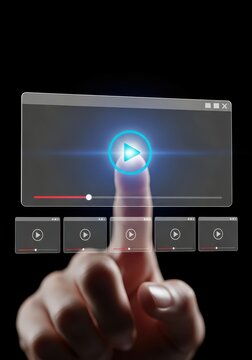 Hand Touching a Glowing Play Button on a Virtual Video Player Interface for Online Streaming and Digital Media Concept