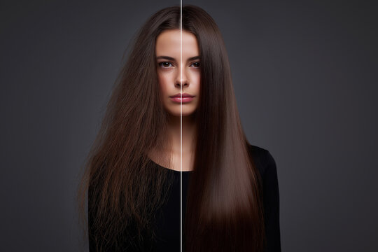 Woman in split portrait with frizzy hair on left and smooth straight hair on right. Hair transformation, hair treatment, keratin smoothing, salon styling, beauty, self-care, confidence.