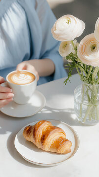 A person holds a latte beside a croissant and a vase of flowers on a sunlit caf? table. Casual breakfast scene, lifestyle, slow living, morning ritual, food photography, cozy moments.