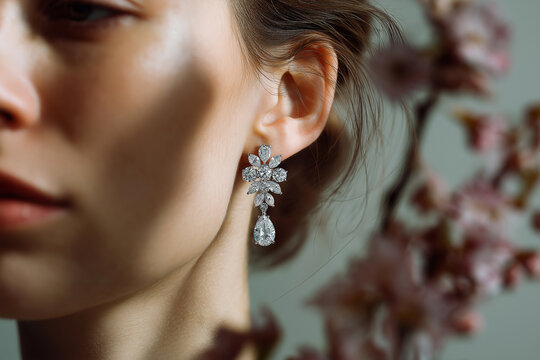 Close-up portrait of a woman wearing a diamond drop earring in soft light. Themes: luxury, elegance, beauty, fashion, refinement, glamour, craftsmanship.