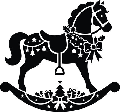 Black and white vintage-style rocking horse with decorative stars, christmas holiday theme vintage christmas decoration