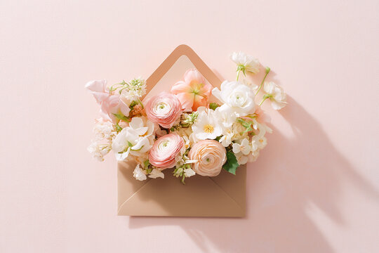 Blush ranunculus and soft flowers spill from a cream envelope on a pale pink backdrop. Romance, spring, wedding, Mother's Day, Valentine's Day, celebration, love, gratitude, elegant floral themes.