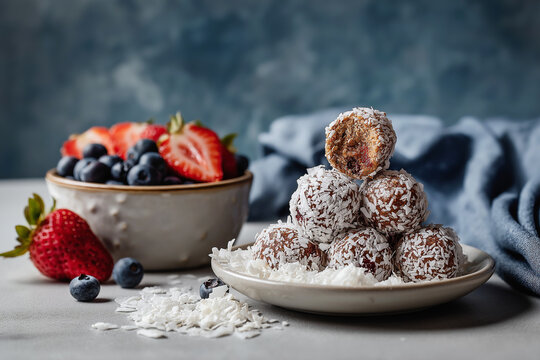 A plate of nut energy balls and fresh strawberries sits beside a bowl of blueberries on a table. Healthy snack and clean eating themes: vegan, protein, meal prep, breakfast, dessert, fitness.