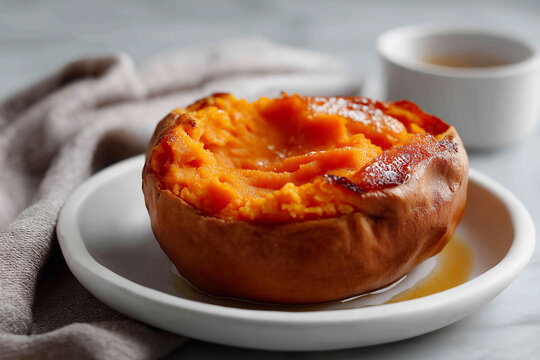 A fluffy microwaved sweet potato sits split open on a plate with bright orange mashed flesh. Comfort food, healthy eating, simple home cooking, vegan, seasonal produce.