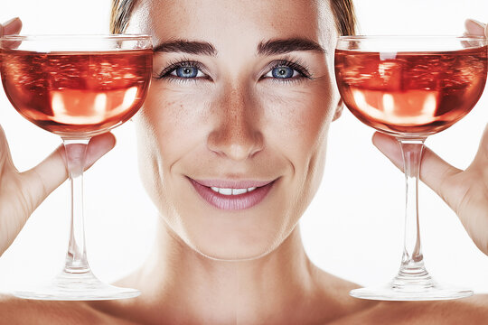 Young woman holds two coupe glasses filled with red wine, smiling directly at camera. A stylish summer portrait blending fashion, celebration, beauty, indulgence and leisure Party, friends, vacation