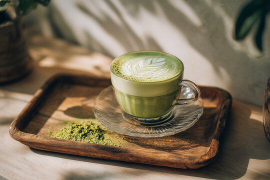 A glass cup of matcha latte with foam art sits on a wooden tray in warm sunlight. Cafe beverage, morning ritual, plant-based drink, wellness, cozy interior, slow living, sustainability.