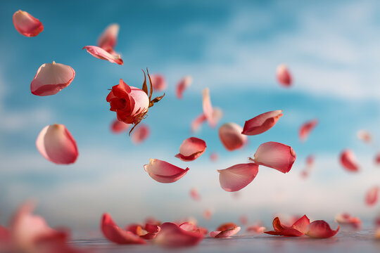 Pink rose petals float and fall through a blurred blue sky in gentle motion. Floral beauty, romance, freedom, nature, motion, texture, abstraction, lifestyle, social media imagery.