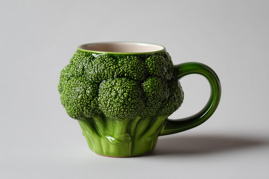 A ceramic mug shaped like broccoli sits on a white surface. Novelty kitchen decor and product design, food art, sustainability, healthy eating, gift idea, green aesthetics, diet, vegetarian