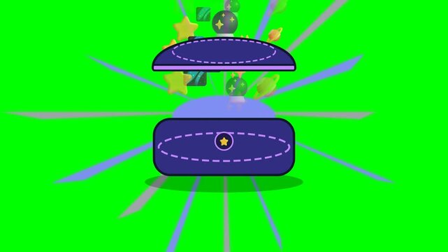 Animated Purple Treasure Chest Opening with Magical Floating Rewards on Green Screen.
