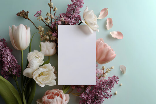A blank card framed by different spring flowers on pastel surface. A soft pastel floral composition with a centered empty greeting card. Spring, Mother's Day, Valentine ideas.