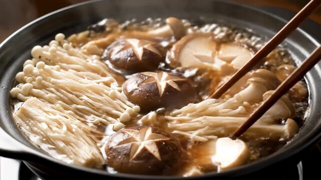 Cook a variety of mushroom ingredients in a steaming Japanese sukiki pot