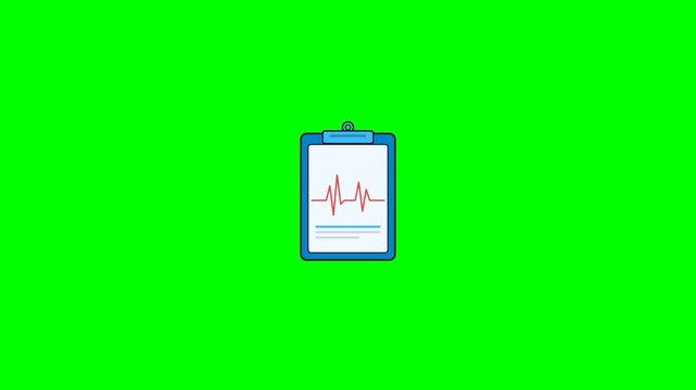 Animated Medical Clipboard with Heartbeat EKG Monitor on Green Screen Background.