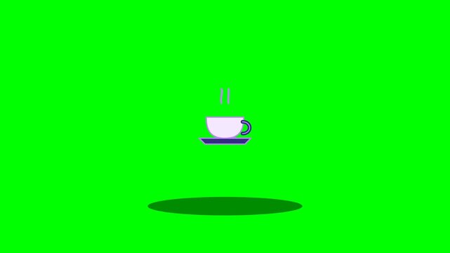 Animated Coffee Cup Floating Above Shadow on Green Screen Background.