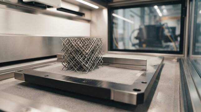 Metal powder bed fusion machine with finished lattice part, recoater blade, and anodized build plate in a factory setting.