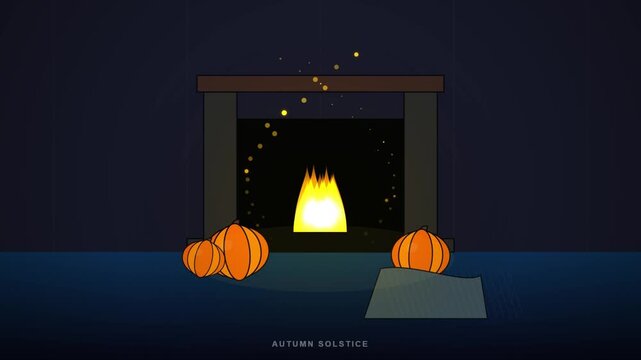 Cozy Fireplace with Pumpkins for Autumn Solstice and Halloween