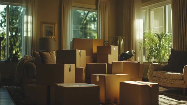 Living room devoid of furniture, filled with cardboard boxes ready for moving.