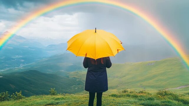 A person with a yellow umbrella meditates on a mountain peak as a vibrant rainbow arches over them.