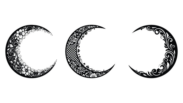 Tres lunas crecientes decorativas con patrones florales y ornamentales