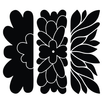 Tres siluetas decorativas de patrones florales y de hojas en blanco y negro