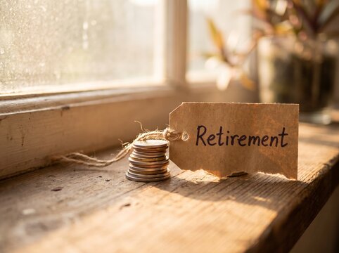 Retirement savings concept with coins on wooden windowsill, rustic paper tag with handwritten retirement text, warm golden hour sunlight