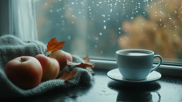 A peaceful indoor setting with a window view of falling rain. A cup of coffee sits on the windowsill among autumn leaves and apples, creating an atmosphere of warmth and comfort.
