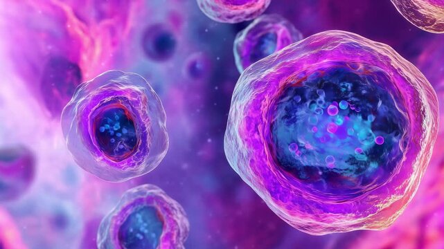 Cells move and interact in a colorful microscopic space with a focus on their structure and behavior