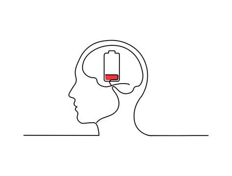 Minimalist continuous line art drawing of human head profile with low battery symbol inside brain representing mental fatigue exhaustion burnout and lack of energy flow.