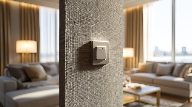 Modern smart home lighting control panel by wall in sleek neutral room setting