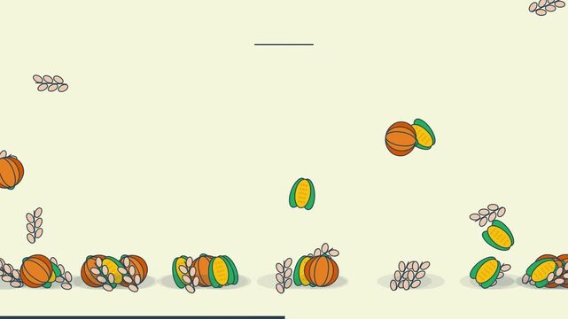 Autumn Harvest Illustration with Falling Pumpkins and Corn