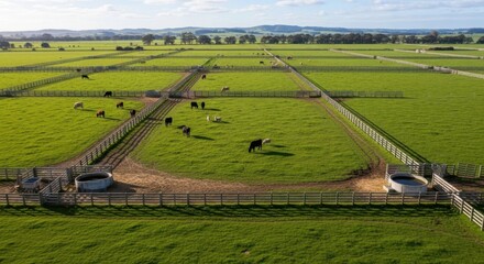 Obraz premium Expansive Green Pasture with Cattle Grazing Under a Wide Sky on a Sunny Day