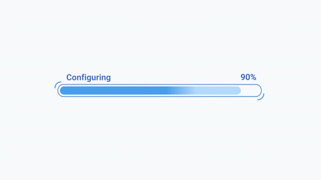 Flat vector animated configuration progress bar with loading indicator and status text. Ideal for software interfaces, system setup, application configuration, and technology motion graphics.