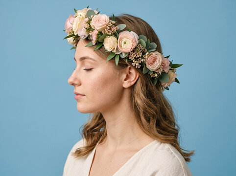 Young woman wearing a flower crown. Female model with floral wreath on blue background.