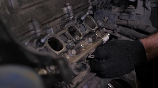 Close-up of a mechanic in gloves disassembling the engine under the hood of a car at a service station. Engine repair in the workshop. A man makes major repairs to a car in a car service station. 