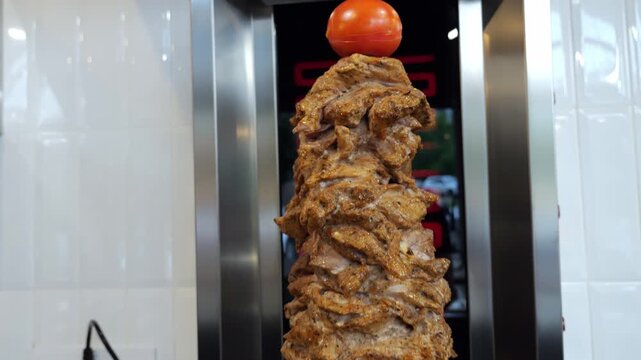 Meat on a shawarma skewer with a tomato on top. Grilled meat. Cooking dishes. Juicy meat is fried on a skewer. The concept of catering and takeaway food.