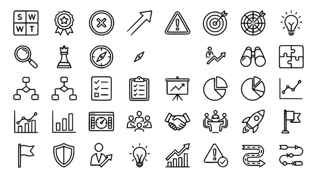 Corporate Business Strategy and Marketing Line Icon Vector Set Featuring SWOT Analysis Financial Analytics Teamwork Partnership Goals and Project Planning Symbols Bundle