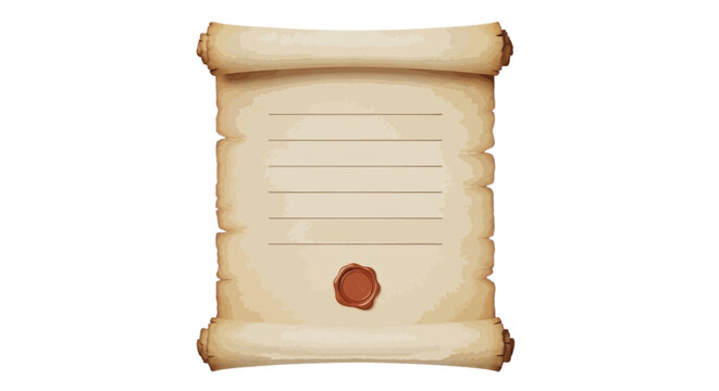 Vector illustration of vintage parchment paper scroll with wax seal on a transparent background