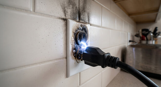 Electrical wall outlet sparking and burning due to overloaded circuit.