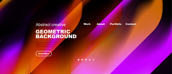 Obraz na płótnie Canvas Abstract vibrant geometric background. Website header design features bold colors, text, navigation menu, plus read more button.
