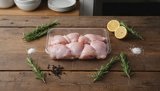 Raw chicken thighs in blank tray with fresh herbs