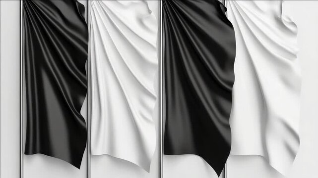 A mesmerizing piece of abstract art featuring a blend of black and white forms that interact with one another. The artwork the viewer's imagination with its intriguing shapes and contrasts.