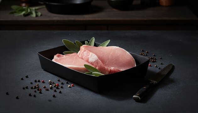 Raw pork loin in dark atmospheric kitchen