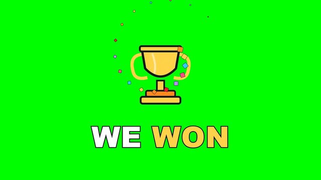4K green screen WE WON animated text - a trophy with confetti, kinetic typography sports highlight overlay for game day and social media, chroma key