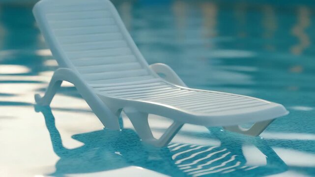White lawn chair on the edge of a pool.