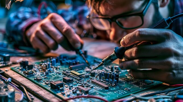 Tech repair technician soldering intricate electronics board with focus precision