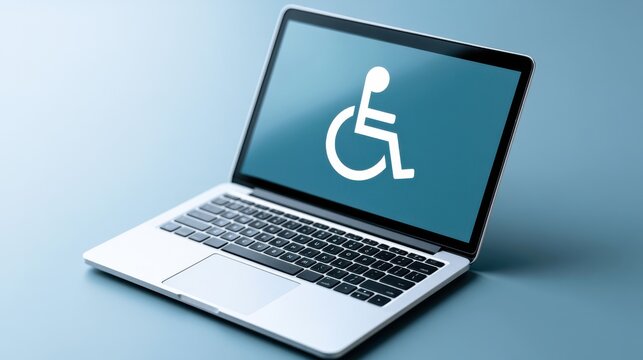 A modern laptop displaying the international symbol of access for people with disabilities. The screen shows the wheelchair icon on a blue background.