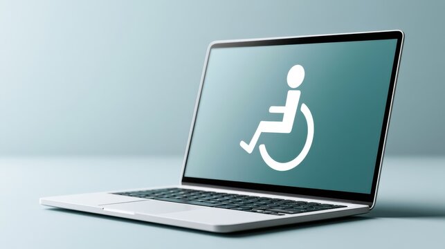 A laptop displaying the universal accessibility symbol for people with disabilities, representing digital inclusion and accessibility technologies