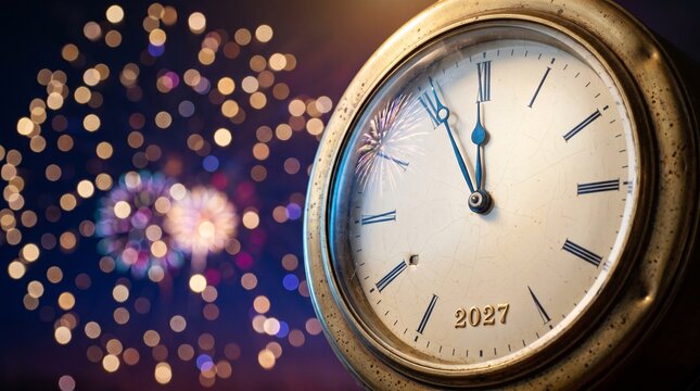 Antique brass clock face seconds before midnight with small embossed 2027 figures against a glittering field of golden bokeh orbs, representing new years eve countdown party invitation card concept