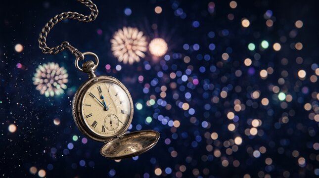 Antique silver pocket watch swinging on its chain moments before midnight engraved 2027 against a deep field of glittering champagne bokeh, representing new years eve countdown invitation concept