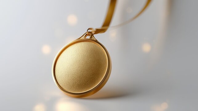 A close-up shot of a blank golden medal hanging from a ribbon, with a softly blurred background of bokeh lights.